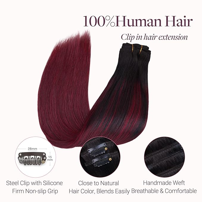 GOO GOO Clip in Hair Extensions Real Human Hair, Remy Human Hair Extensions Clip ins for Women, Natural Human Hair, 14inch 150g 9 Pcs, #1/99j Balayage Jet Black to Red