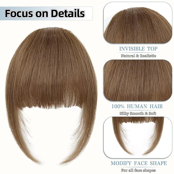 Clip In Bangs for Women, Moca Brown French Bangs Hair Clip with Temples, 100% Real Human Hair Layered Curved Fringe for Halloween and Daily Use(Moca Brown, French Bangs)