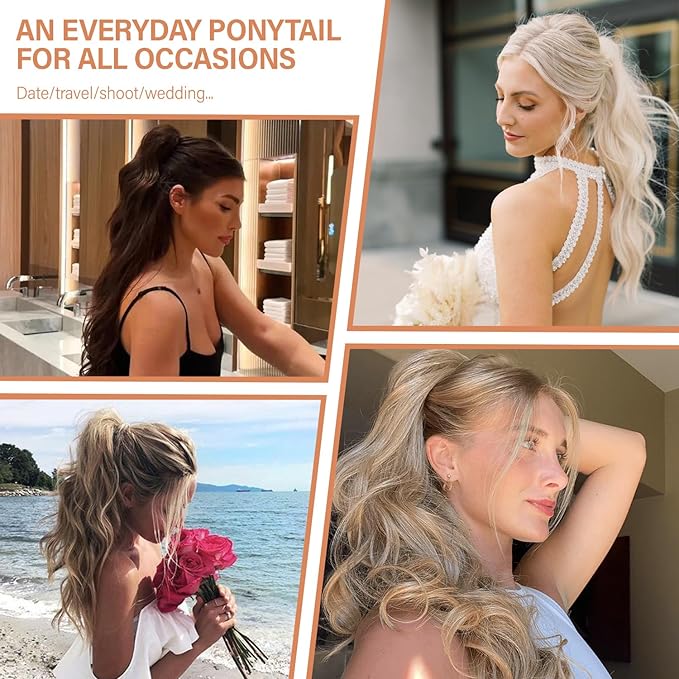 24 Inch Ponytail Extension, Clip on Ponytails for Women, Long Curly Wavy Ponytail Extensions for Women, Synthetic Layered Pony Tails Hair Extensions (Color: Medium Brown Mixed Honey Blonde)