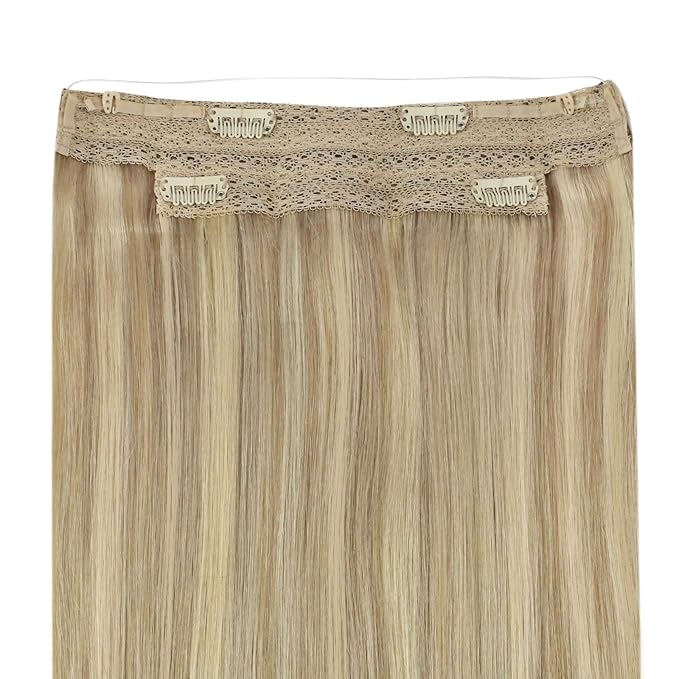YoungSee 135G 24inch Invisible Wire Hair Extensions Blonde Highlight Hair Wire Light Blonde Highlights Golden Blond Fish Line Hair Extensions Real Human Hair for Natural Look
