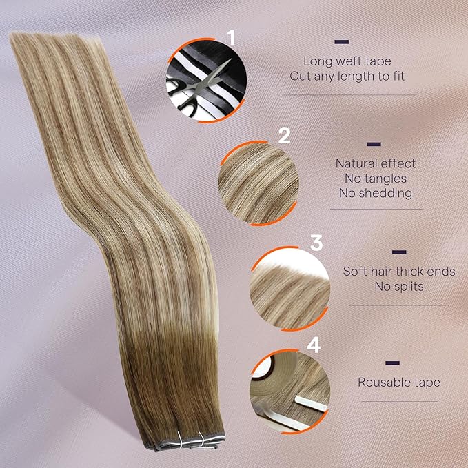 Full Shine Invisible Tape in Hair Extensions Human Hair Color 8 Ash Brown Ombre 60 Blonde And 18 Dark Ash BLonde Double Weft Wire Hair Extensions PU Wide Weft 50G A Piece 24 Inch Add Length for Daily