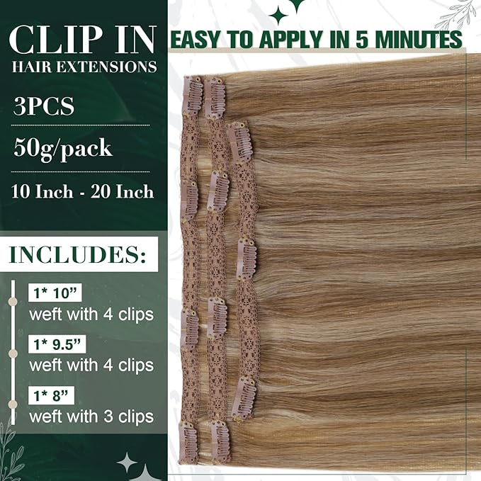 RUNATURE Clip in Hair Remy Human Hair Clip in Extensions 16 Inches Golden Brown with Golden Blonde Highlighted Color 10P16 50g 3pcs Double Weft Clip on Hair Extensions