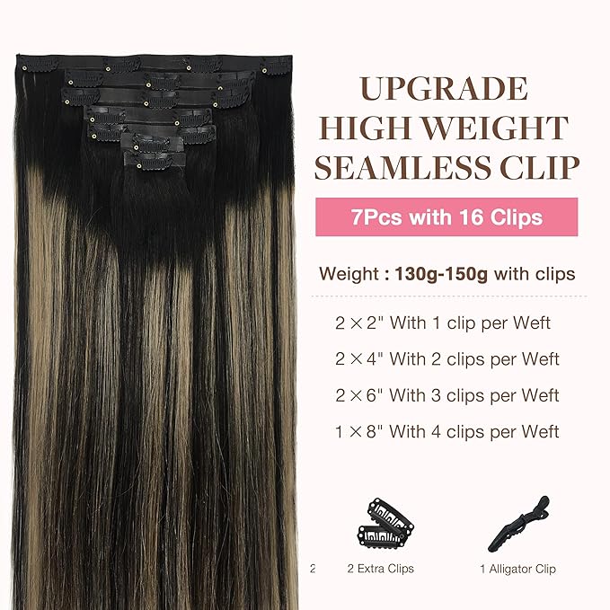GOO GOO Clip in Hair Extensions Real Human Hair, Remy Human Hair Extensions Clip ins for Women, Natural Human Hair, 20inch 150g 7Pcs, 1B/16/1B Balayage Natural Black to Light Blonde