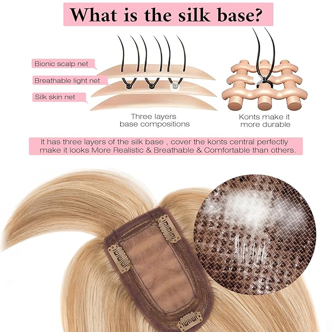 SEGO 100% Real Human Hair Toppers, with Air Bangs, Silk Base 150% Density, Clip in Topper, 2.7肺5.1・ HairPieces for Women, with Thinning/Hair Loss Cover Gray