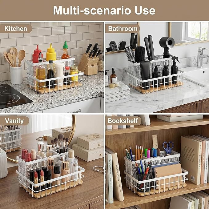 2 Pcs Hair Tool Organizer Countertop Breathable Metal & Bamboo Hot Tools Organizer Under Sink Bathroom Hair Dryer Holder Countertop Brush Comb Holder,Makeup Tray (Natural Bamboo,White)