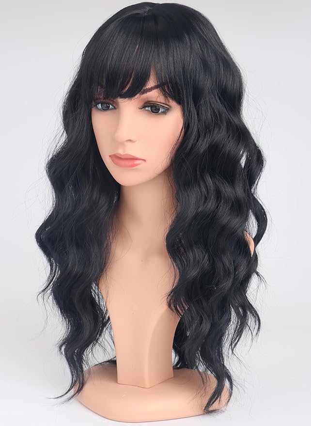 Black Wavy Wigs with Bangs for Women Glueless Black wigs Synthetic Long Black Wigs Natural Looking Heat Resistant for Daily Party Use 18 Inches
