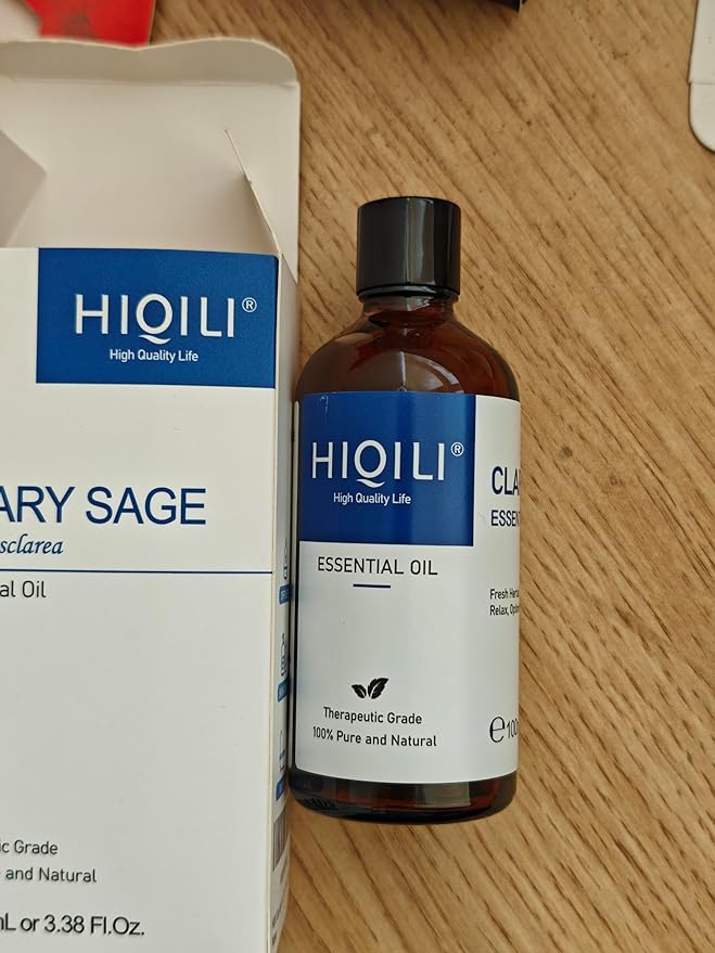 HIQILI Clary Sage Oil Essential, Herbal Sooth Aroma in Diffuse, Meditation, Calming Sleep at Bedtime, Body Massage, Moisturize Skin, DIY Deodorant Spray - 100ML