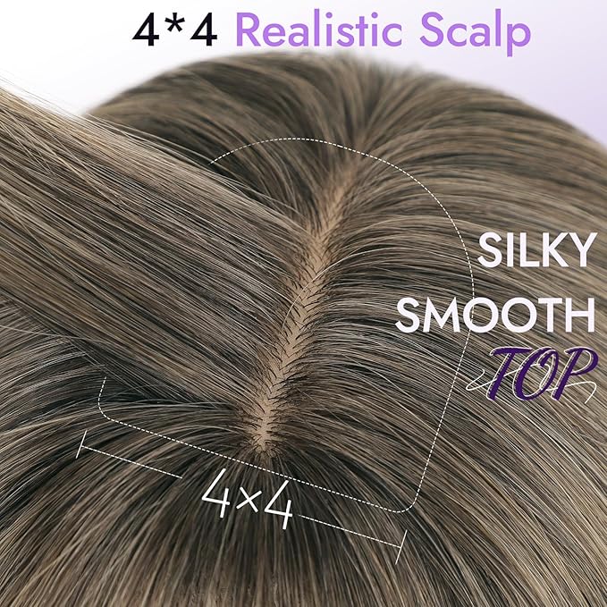 Wig with Bangs for Women Ash Blonde with Silver Highlights-Dark Roots Straight Face-Framing Layers Hairstyle 4x4 Realistic Scalp Glueless Synthetic Wigs Medium Length for Everyday Use