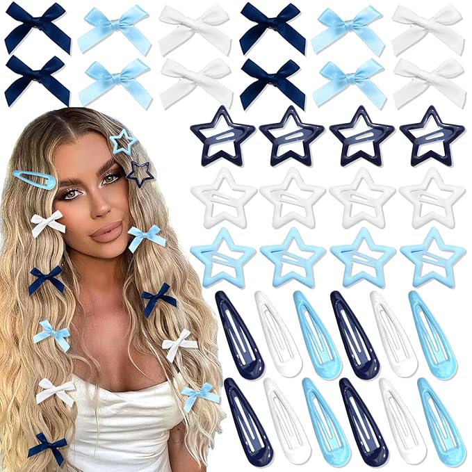 36Pcs Navy Blue Mini Bow Hair Clips Star Snap Hair Barrettes for Women White Water Drop No Slip Hair Clips Small Hair Bows Star Bowknot Hair Accessories for Teens Girls