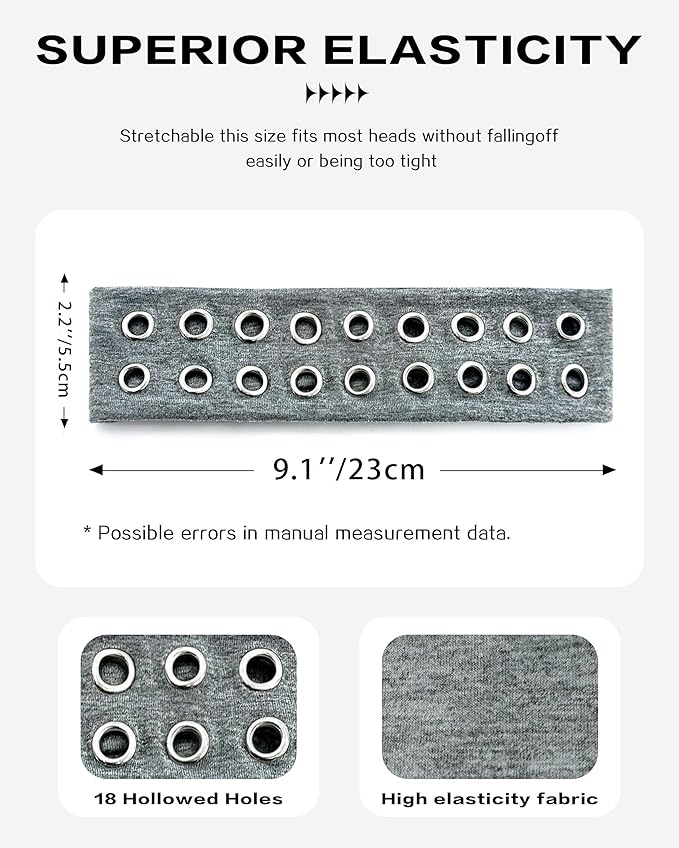 Grommet Headband for Women, Light Grey 23cm Hollow Out Elastic Hair Band, Eyelets Punk Grunge Stylish Hairband