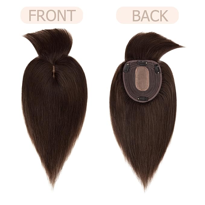 Hair Toppers for Women Real Human Hair With Bangs, 13 * 15 cm Larger Silk Base 150% Density Clip In Topper Hairpieces, Wiglet Top Pieces Add Volume -14 Inch 02 Dark Brown