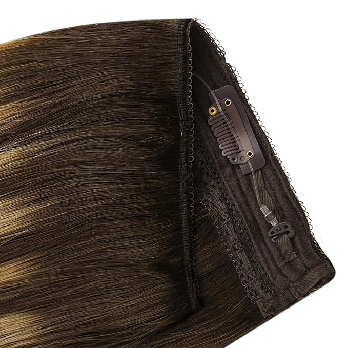 YoungSee 130G Wire Human Hair Extensions Balayage Invisible Wire Hair Extensions Real Human Hair Chocolate Brown Mix Caramel Blonde Couture Hair Extension for Women 20Inch