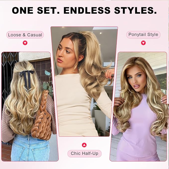 ALXNAN Long Wavy Hair Extensions for Women, Clip in Hair Extensions Clip Ins Soft Full Head Synthetic Hairpieces 20 Inch Light Brown Mixed Ash Blonde
