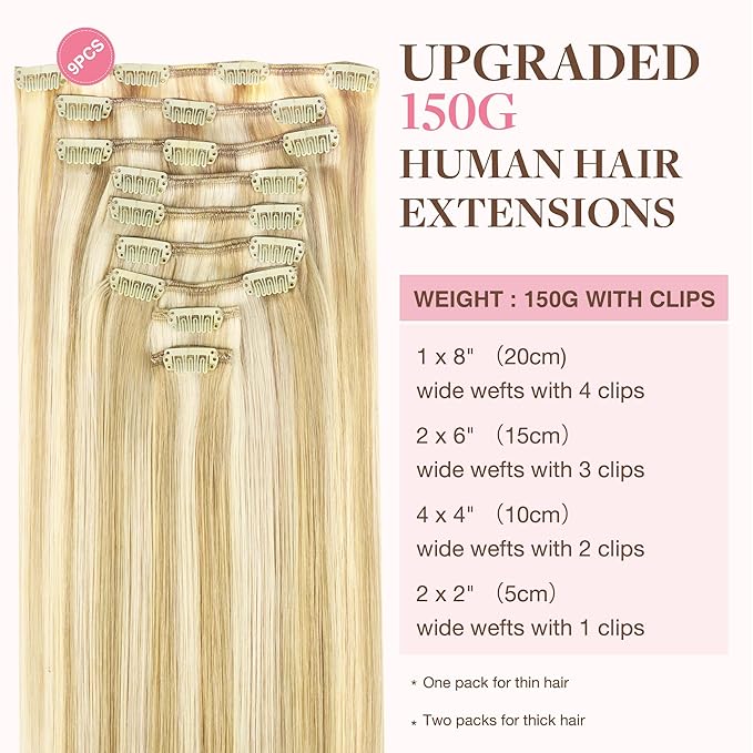 GOO GOO Clip in Hair Extensions Real Human Hair, Remy Human Hair Extensions Clip ins for Women, Natural Human Hair, 20inch 150g 9Pcs, 18D/22F Dirty Blonde Highlights