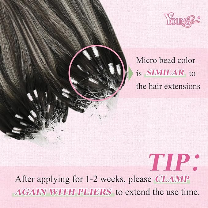 YoungSee Micro Link Hair Extensions Human Hair Ombre Micro Loop Hair Extensions Real Human Hair Silver with Black Balayage Beaded Hair Extension Pre Bonded Hair for Girls 16Inch 50g 50s