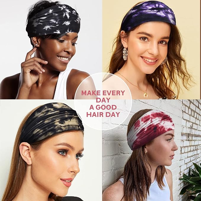 Yeshan Wide Headbands for Women Non Slip Boho Headband Elastic Tie dye Yoga Workout Sweat Bands Running Sport Hair bands,Pack of 6