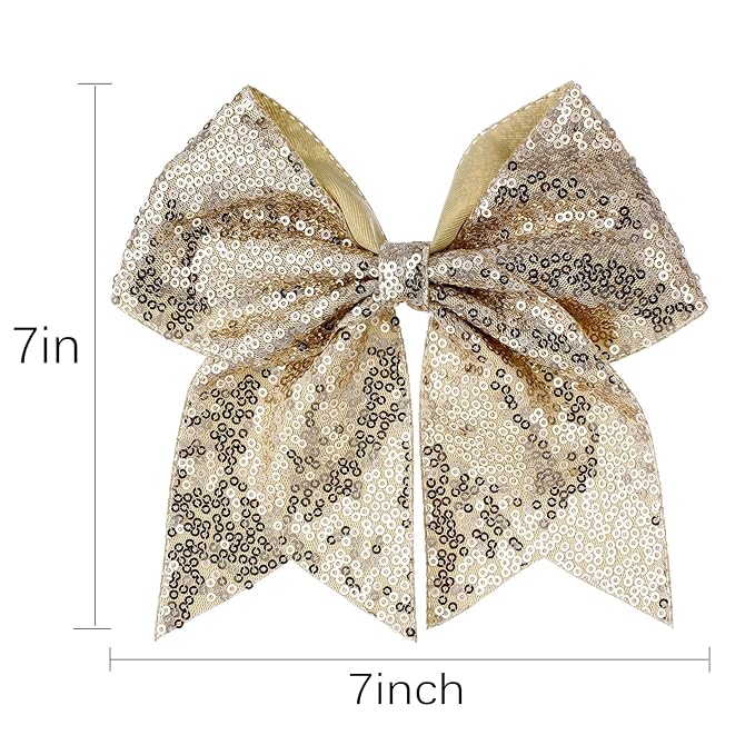 Large Glitter Cheer Bows Clips, Jumbo Big 7 Inch Cheerleading Sequin Hair Bow Hair Accessories for Teens Girls Football Sports Cheerleader Outfit Uniform (Gold)