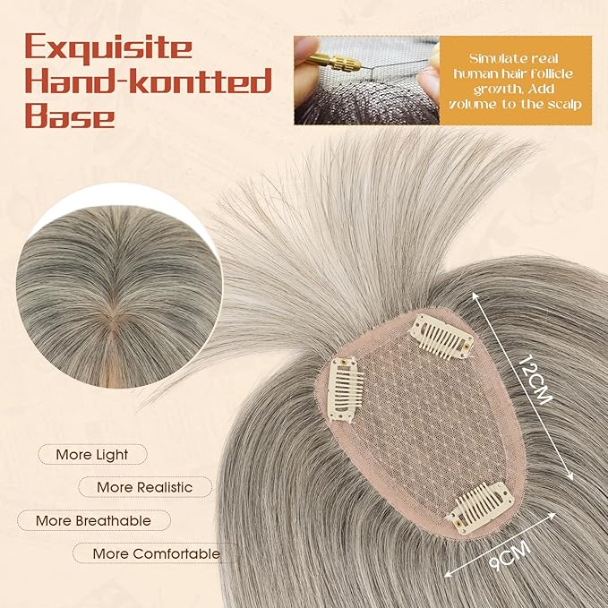 Rich Choices Human Hair Toppers for Women-100% Real Remy Hair Topper with 3D 360°Bang-Upgraded 150% Density 9 * 12CM Lace Base-Clip in Hairs topper for Thinning Hairs-14Inch #G3 Salt and Pepper Grey