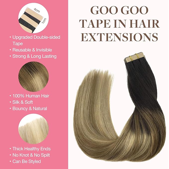 GOO GOO Tape in Hair Extensions Human Hair, 2/6/18 Balayage Brown to Dirty Blonde, 20inch 100g 40pcs, Skin Weft Seamless Invisible, Silky Straight with Thick Ends, Remy Human Hair