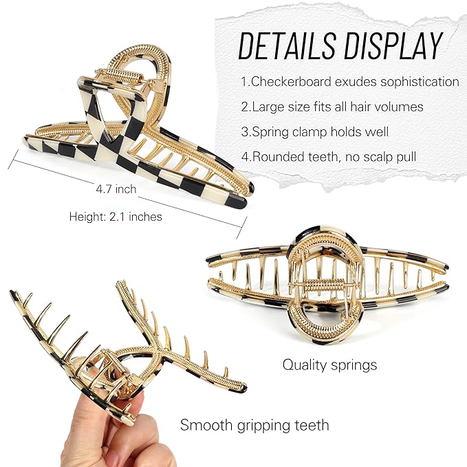 Big Butterfly Metal Hair Claw Clips for Women - Checkerboard Clamps with Strong Hold, 4.7" Large Hair Accessories for Long Thick Hair (Black&White)