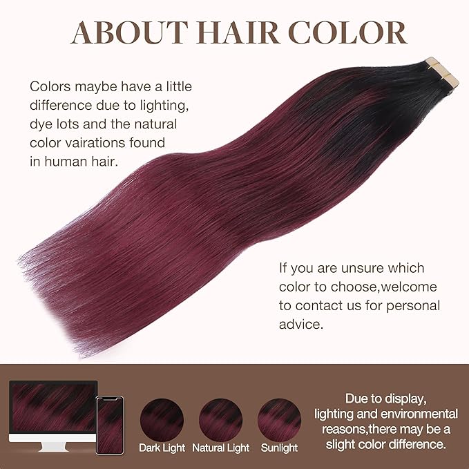 GOO GOO Tape in Hair Extensions Human Hair, 1/99 Balayage Jet Black to Red, 16inch 50g 20pcs, Thick Ends Straight Seamless Tape in, Invisible Tape in Hair Extensions Human Hair