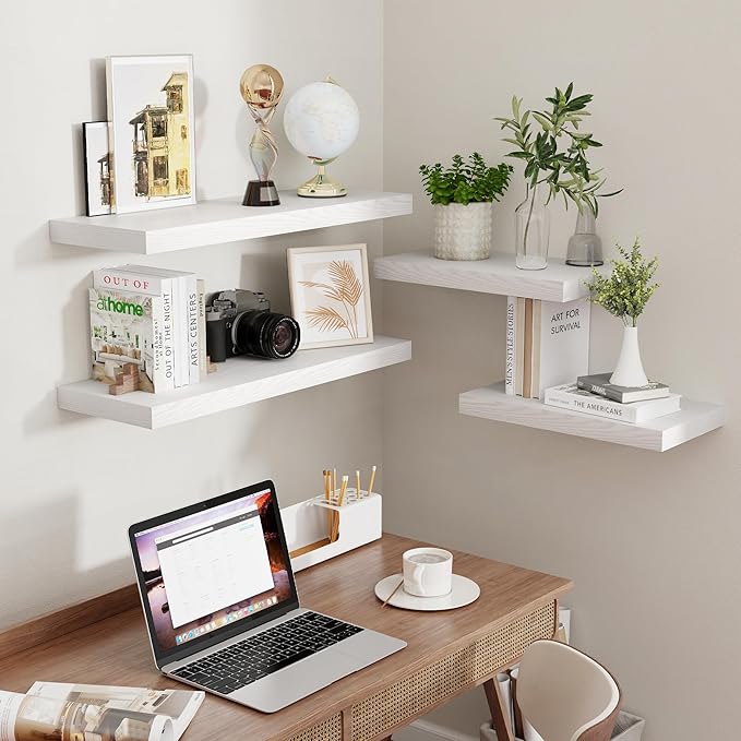 Fun Memories White Floating Shelves 32 Inch Long, 9 Inch Deep Floating Bookshelf Wall Mounted, Farmhouse Wood Shelves White for Bathroom, Living Room, Bedroom, Home Decor Deep Shelf for Wall Set of 2