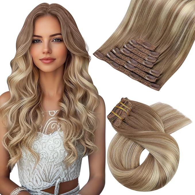 Moresoo Clip in Hair Extensions Real Human Hair Brown to Blonde Hair Extensions Clip ins Light Brown to Meidum Blonde Balayage Soft And Straight 120g/7pcs 16 inch