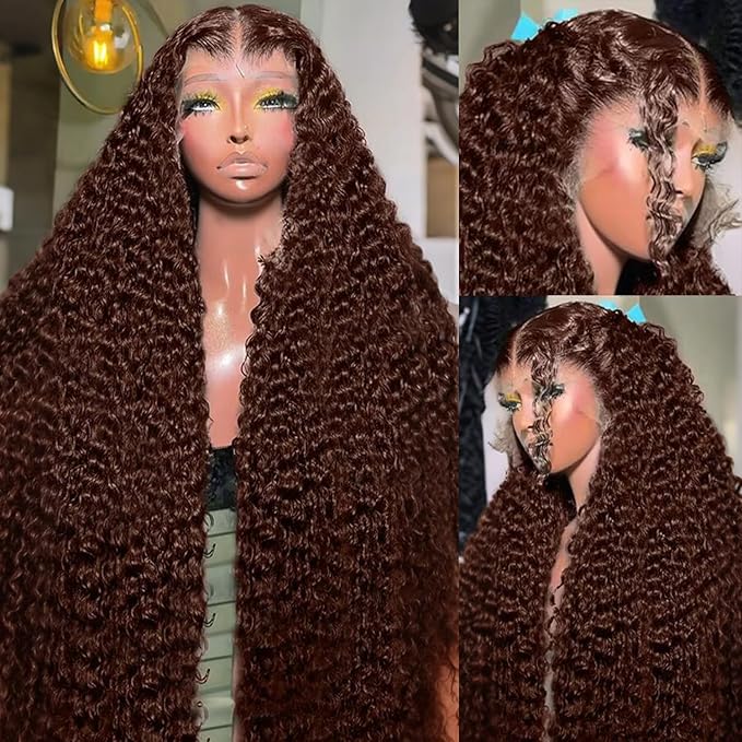 250% Density 13x6 FULL SKINLIKE HD Chocolate Brown Deep Curly lace front wigs Pre Plucked Real 0.10mm Ultra-thin Invisible Water Wave HD Lace Front Wigs Human Hair Small Knots Full Virgin Hair 26 Inch