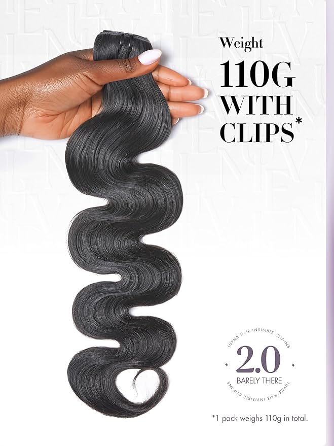 LUVME Invisible Clip in Hair Extensions Body Wave Real Human Hair, Remy Hair Clip ins for Women, Natural Human Hair, 20 inch 110g 6Pcs, Natural Black