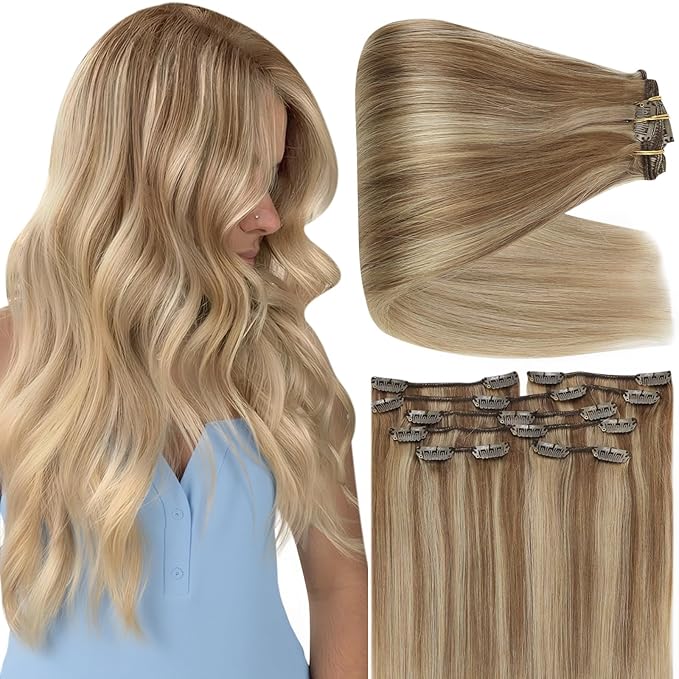 Full Shine Dirty Blonde Hair Extensions Clip ins 22 Inch Blonde Highlight Clip in Hair Extensions Human Hair 150 G 7 Pcs