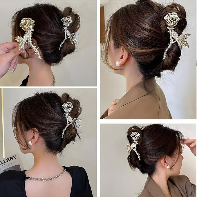 Elegant Rose Metal Non-Slip Hair Claw Clips for Thin and Thick Hair - Fashionable Flower Hair Accessories for Women and Girls (Silver Rose)