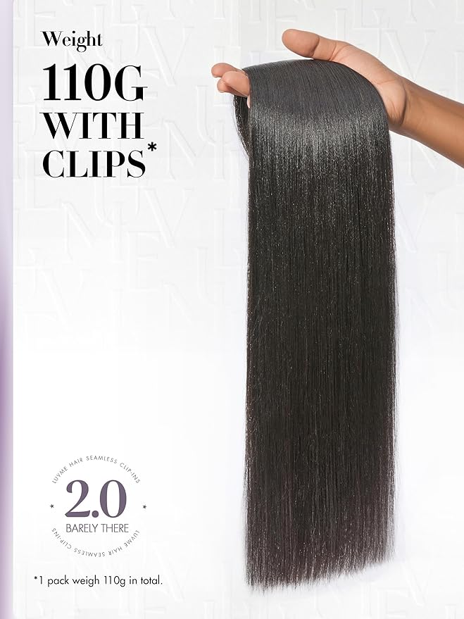 LUVME Invisible Clip in Hair Extensions, Yaki Straight Real Human Hair Remy Hair Clip ins for Women, Natural Human Hair, 14 inch 110g 6Pcs, Natural Black