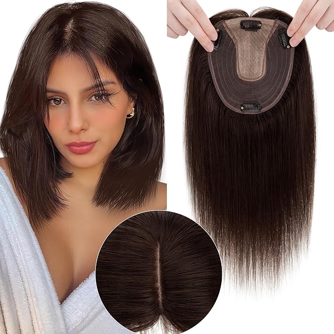 Hair Toppers for Women Real Human Hair No Bangs, 13 * 15 cm Larger Silk Base 150% Density Clip In Topper Hairpieces, Wiglet Top Pieces Add Volume -12 Inch 02 Dark Brown