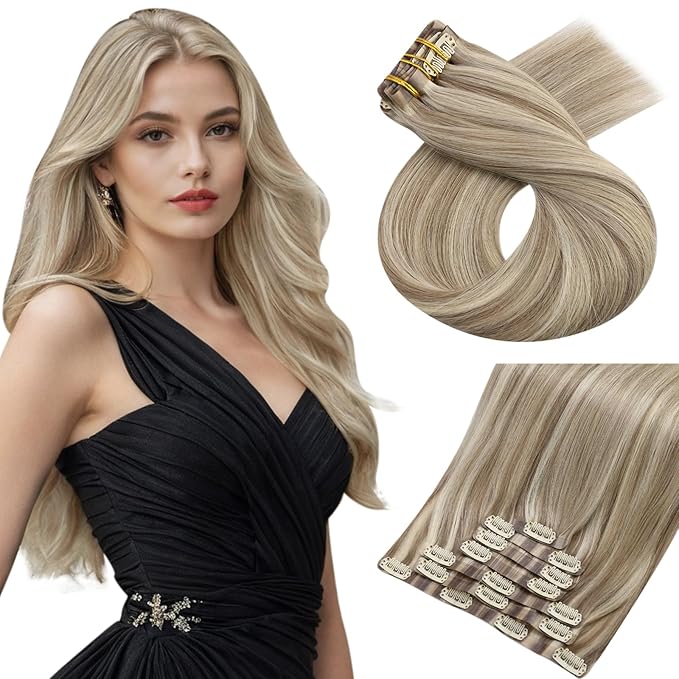 Moresoo Seamless Clip in Hair Extensions Blonde Highlight Remy PU Seamless Clip in Extensions Human Hair Light Brown with Blonde Full Head 7Pcs 120Gram 22inch