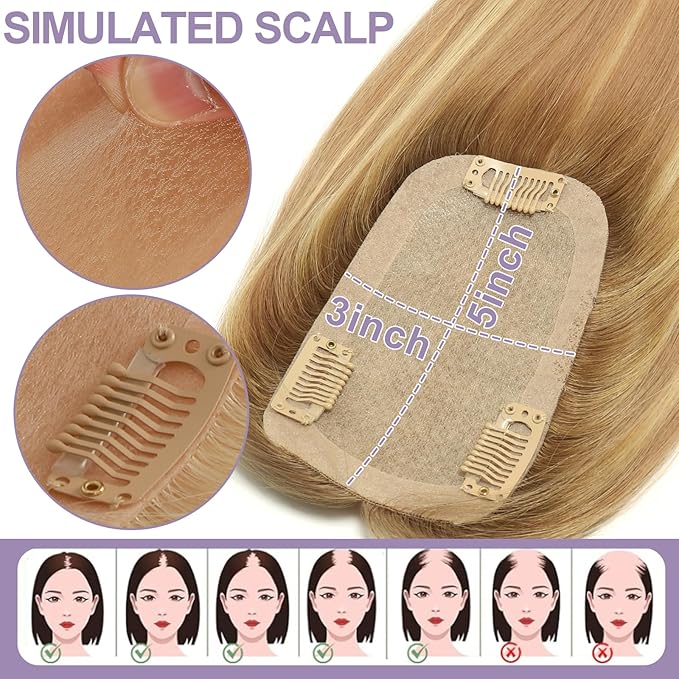 Real Human Hair Toppers for Women #TLQ, 3x5 Inch Injected Silk Base 130% Density 16 Inch Length Hair Toppers