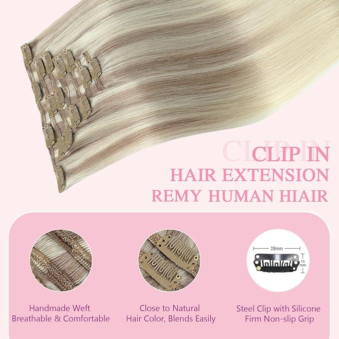PINKPEARL Clip in Hair Extensions Straight Human Hair #18/22/60 Balayage Ash Blonde to Golden Blonde and Platinum Blonde 7pcs 120g 16 Inch Real Hair Clip in Extensions(#18/22/60-16)