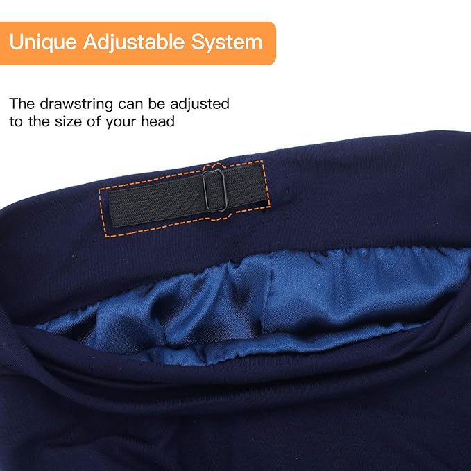 Silk Satin Lined Bonnet Sleep Cap - Adjustable Stay on All Night Hair Wrap Cover Slouchy Beanie for Curly Hair Protection for Women and Men - Solid Navy