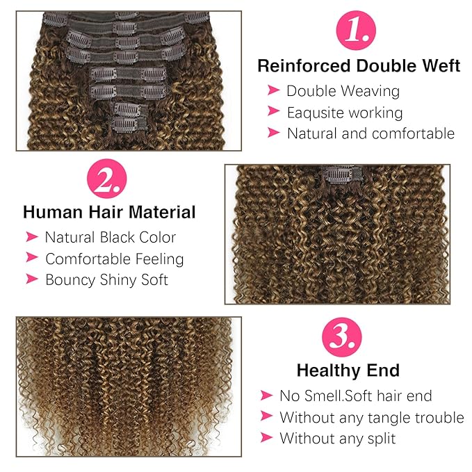 Kinky Curly Clip in Hair Extensions Real Human Hair 4/27/4 Omber Kinky Curly Clip ins For Women 3c 4a Brazilian Virgin Clip on Hair (18inch,#4/27/4)