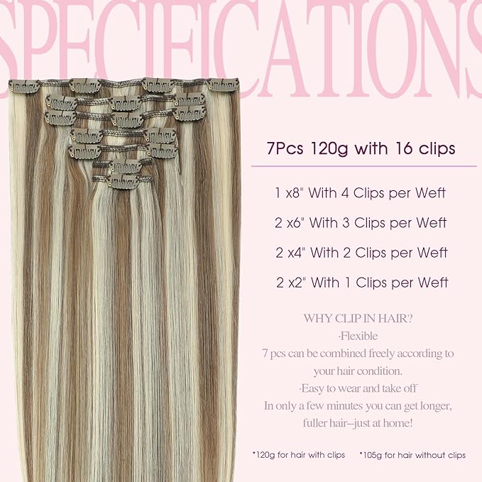 PINKPEARL Clip in Hair Extensions Straight Human Hair #8P60 Ash Brown Highlighted Platinum Blonde Clip in Extensions Remy Real Human Hair Extensions 7pcs 120g 18 Inch(#8P60-18)