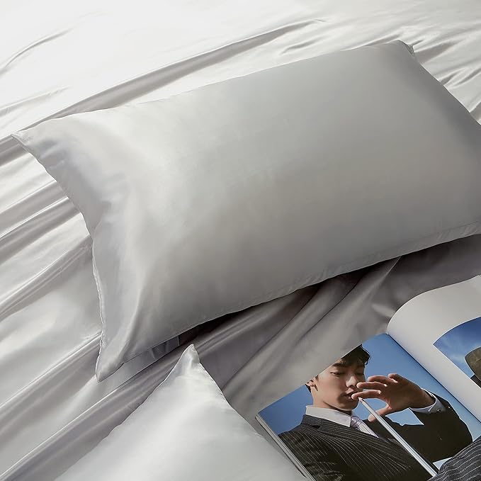 Light Grey Satin Pillowcases Queen Size Set of 2 for Hair and Skin,Light Grey Silk Pillowcase Breathable Pillowcase with Envelope Closure