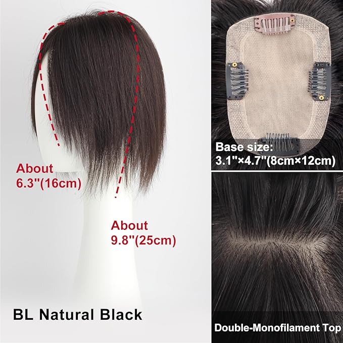 Real Human Hair Topper Double-Monofilament Top Hand-Tied Hair Pieces Mid Length for WomenThinning Hair BHADS812 (BL Natural Black × Hair Length:9.8"(25cm), Base Size:3.1"×4.7"(8cm×12cm))