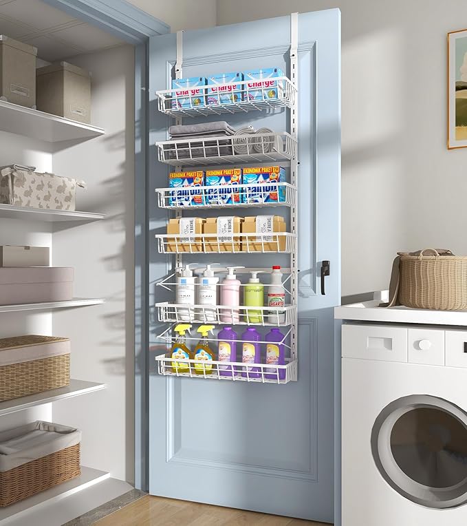 Over The Door Pantry Organizer, Wall Mount Spice Rack, Pantry Hanging Storage and Organization, 6 Adjustable Baskets Heavy-Duty Metal for Home & Kitchen, Back of Door Seasoning Rack - White