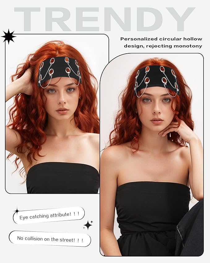 Grommet Headband for Women, Chain Black 20cm Hollow Out Elastic Hair Band, Eyelets Punk Grunge Stylish Hairband