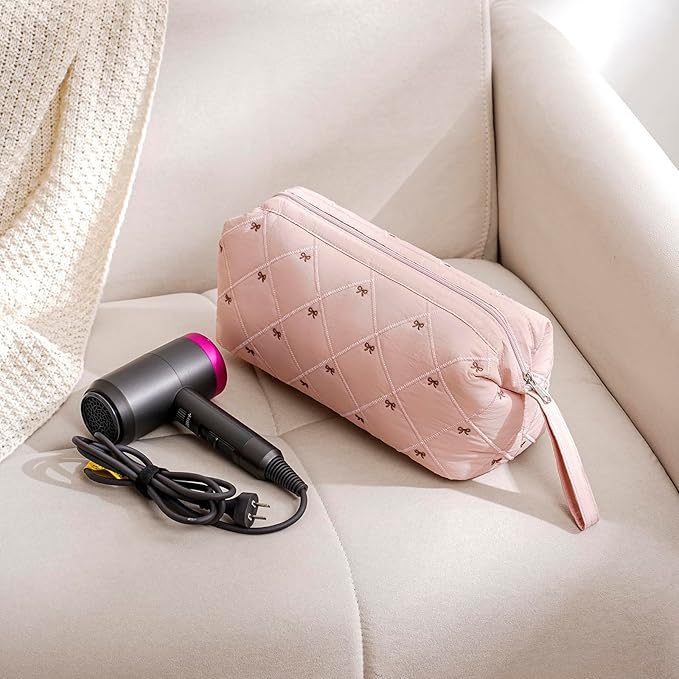 Large Quilted Hair Tools Travel Bag with Bow Pattern,Waterproof Hair Styling Accessories Storage Case for Shark FlexStyle, Dyson Airwrap Hair Dryer, Curling Iron, Revlon Hair Tools(Pink)