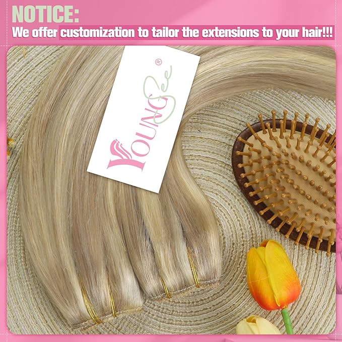 YoungSee Wire Hair Extensions Real Human Hair Highlight Human Hair Wire Extensions Light Blonde Highlights Golden Blonde One Piece Hair Extension Easy to Wear 80G 16Inch