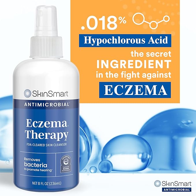 SkinSmart Antimicrobial Eczema Therapy with Hypochlorous Acid, Safely Removes Bacteria so Skin Can Heal, for Adults, Kids and Seniors, 8 Ounce Clear Spray