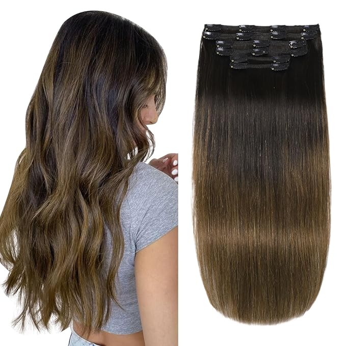 XDhair Clip in Hair Extensions Real Human Hair 100g 6Pcs Ombre Color Natural Black to Medium Brown Clip in Hair Extensions Natural Soft(#1BT4, 14 inch)