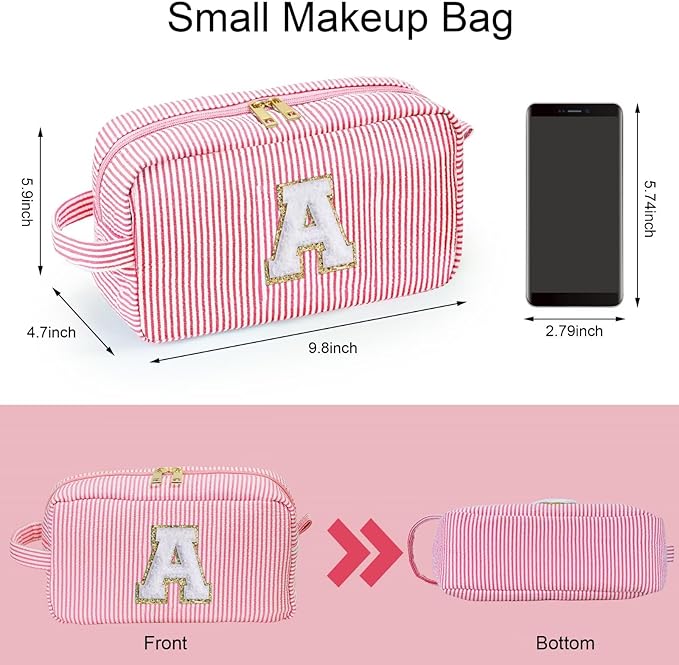 YOOLIFE Initial Cosmetic Bag - Monogram Cute Pink Makeup Bags Toiletry Pouch Make Up Case for Her Best Friend Friendship Sister Teacher, Personalized Birthday Gifts