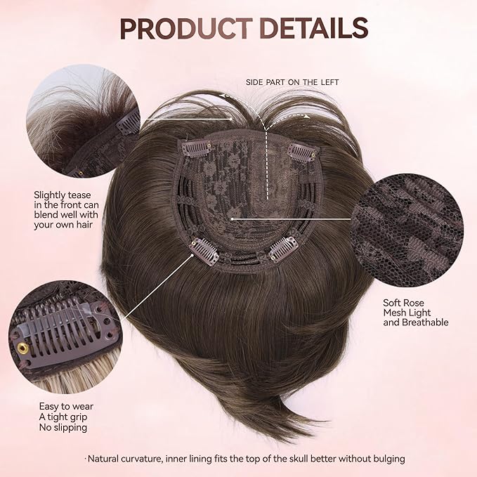 LEEONS Hair Toppers for Women with Bangs Short Bob Synthetic Pieces for Thinning Hair Side Part (Mixed Dark Brown)
