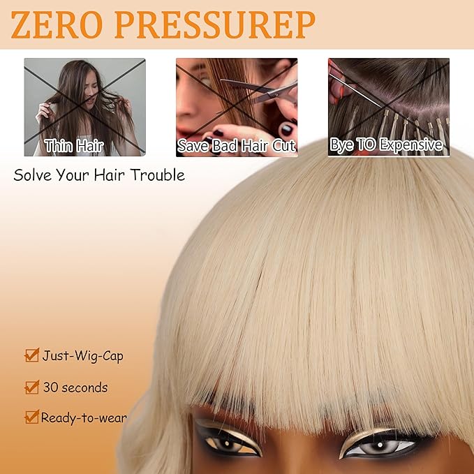Nnzes Short Wavy Bob Wig with Bangs for Women Shoulder Length Curly Soft Ash Blonde Synthetic Heat-Resistant Fiber Hair for Daily & Party Use